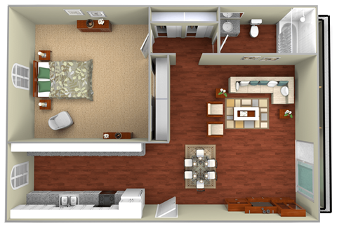 Floor plan for 1 bed, 1 bath, 770 sqft